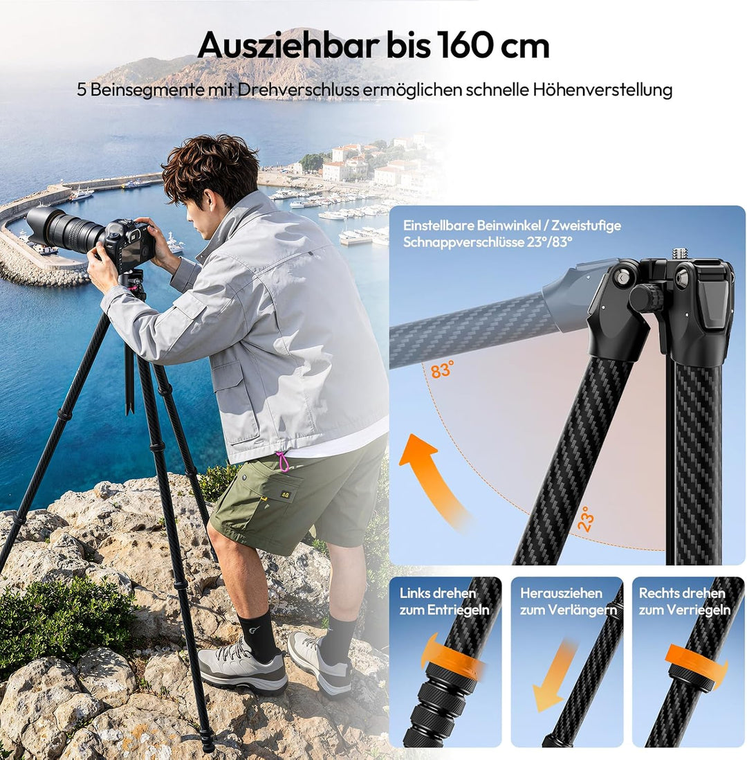 ULANZI TZ01 Carbon Stativ Kamera 160cm, Abnehmbare Mittelachse als Mini Stativ, 360° Kugelkopf mit H