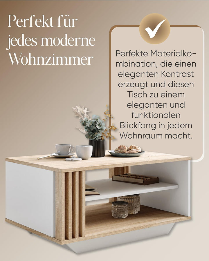 Viosimc Couchtisch, Wohnzimmertisch mit modernen Lamellen, moderner und stilvoller rechteckiger Kaff