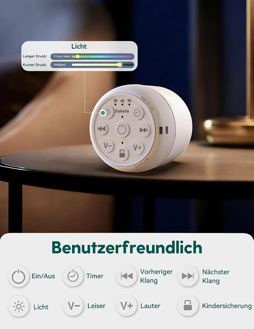Babelio White Noise Machine Baby - Pocket Glow Verbesserte Nachtlichter mit 9 Farben, 20 nicht wiede