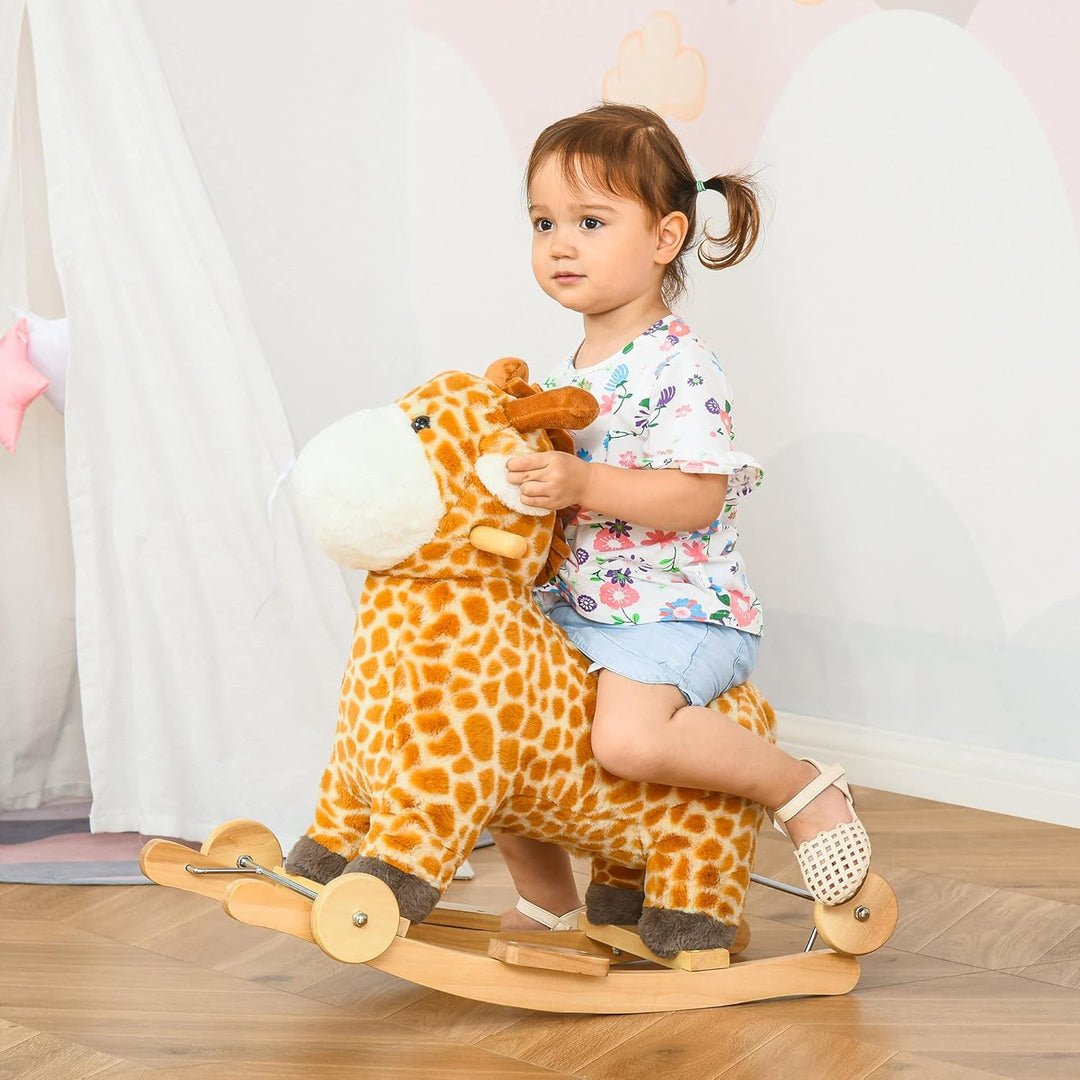 HOMCOM 2-IN-1 Schaukelpferd mit Räder Plüsch Schaukeltier Babyschaukel Spielzeug Gelb 63 x 38 x 63 c