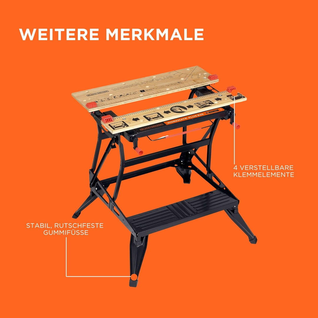 Black+Decker flexible Werkbank WM825 mit grosser Arbeitsfläche – Exaktes Arbeiten dank Gradeinteilun