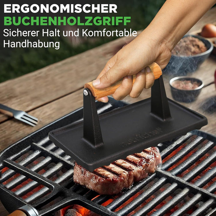 NutriChef Burgerpresse- Antihaft Gusseisen, Schwere Grillpresse 1,5 kg (22 × 9,5 cm), Fleischbeschwe