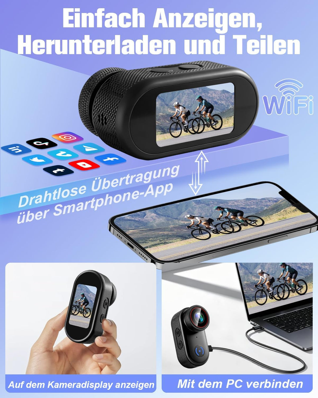 Action Cam 4k, WiFi Bodycam Mini Körperkamera Actionkamera 120° Weitwinkel, Helmkamera Motorrad 150