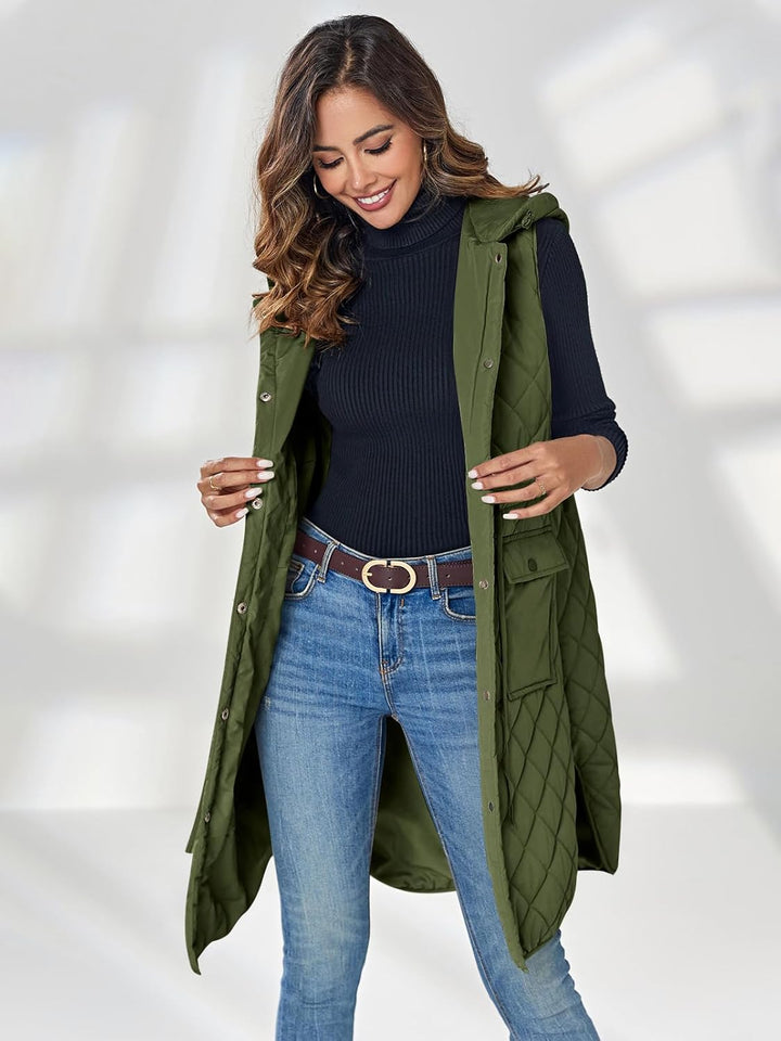 Wenrine Damen Weste Lang Ärmellose Winter Steppweste mit Kapuze und Taschen Casual S Armeegrün, S Ar