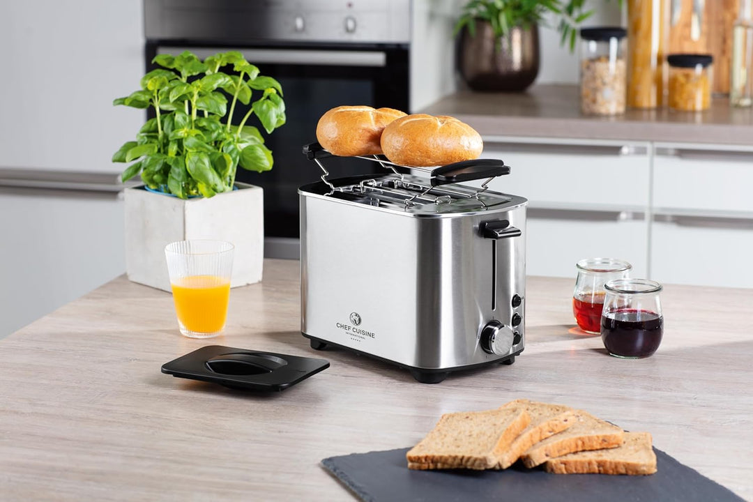 CHEF CUISINE Design-Edelstahltoaster 850W, 2 Scheiben, 5 Bräunungsstufen, Auftau- & Aufwärmfunktion,