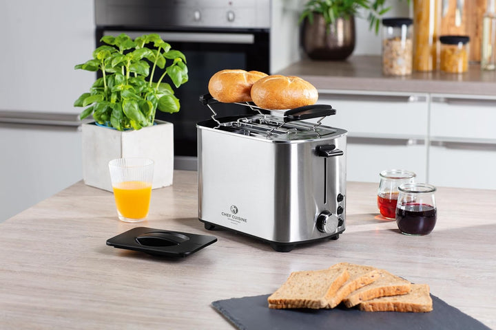 CHEF CUISINE Design-Edelstahltoaster 850W, 2 Scheiben, 5 Bräunungsstufen, Auftau- & Aufwärmfunktion,