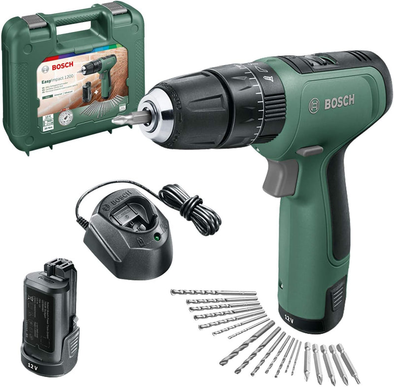 Bosch Akku Bohrschrauber EasyImpact 1200 (2x Akkus, 12 Volt System, 19tlg. Zubehör-Set, im Koffer) S