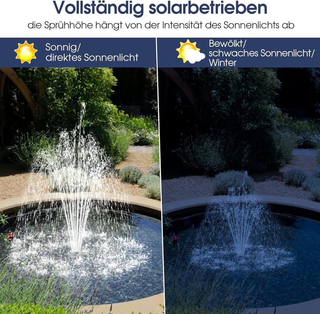 Biling Solar Springbrunnen für Aussen, 12W 605L/H Leise Teichpumpe Solar mit 4 Düsen und Schlauch, S