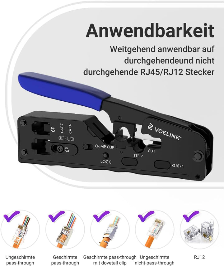 VCELINK GJ671BL Crimpzange RJ45 Presszange für stecker, Netzwerk Werkzeug für CAT 7/CAT 6A/CAT 6/CAT