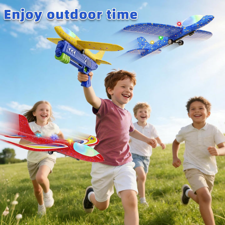 Doloowee Jungen Flugzeug Spielzeug, 3 styroporflieger mit 1 Katapult, 2 Flug Modi & LED Beleuchtung,