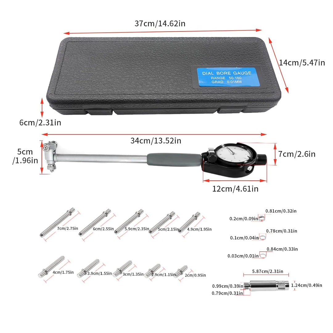 Innenmikrometer, Bohrungslehre Messuhr set 50-160mm Hohe Präzision 0,001mm Messuhr mit 12 Sonden, In