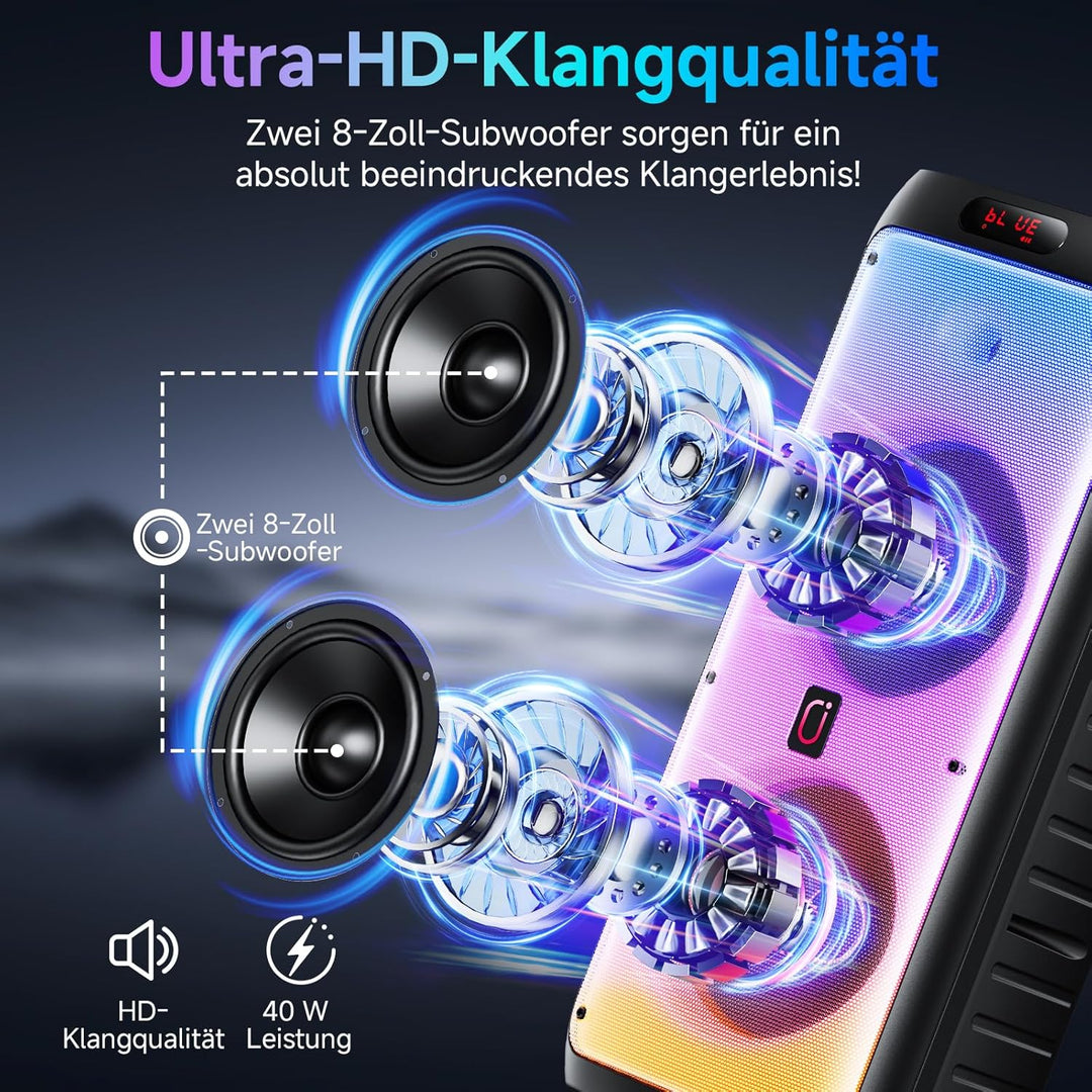 JYX Karaoke Maschine mit 2 Mikrofonen, LED Licht – Bluetooth 5.3, TF/USB/AUX/TWS/LIVE, Karaoke Box &