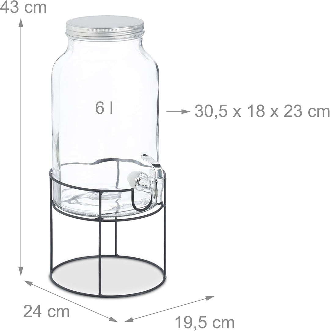 Relaxdays Getränkespender mit Ständer, Zapfhahn & Deckel, 6 Liter, Glas, Wasserspender, Limonadenspe