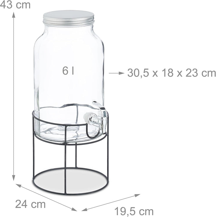Relaxdays Getränkespender mit Ständer, Zapfhahn & Deckel, 6 Liter, Glas, Wasserspender, Limonadenspe