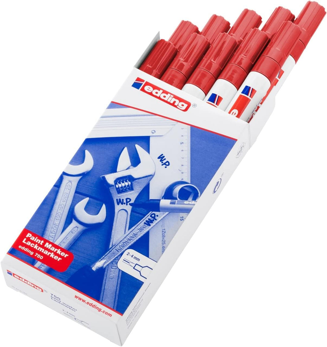 edding 750 Lackmarker - rot - 10 Stifte - Rundspitze 2-4 mm - Lackstift zur Markierung und Beschrift