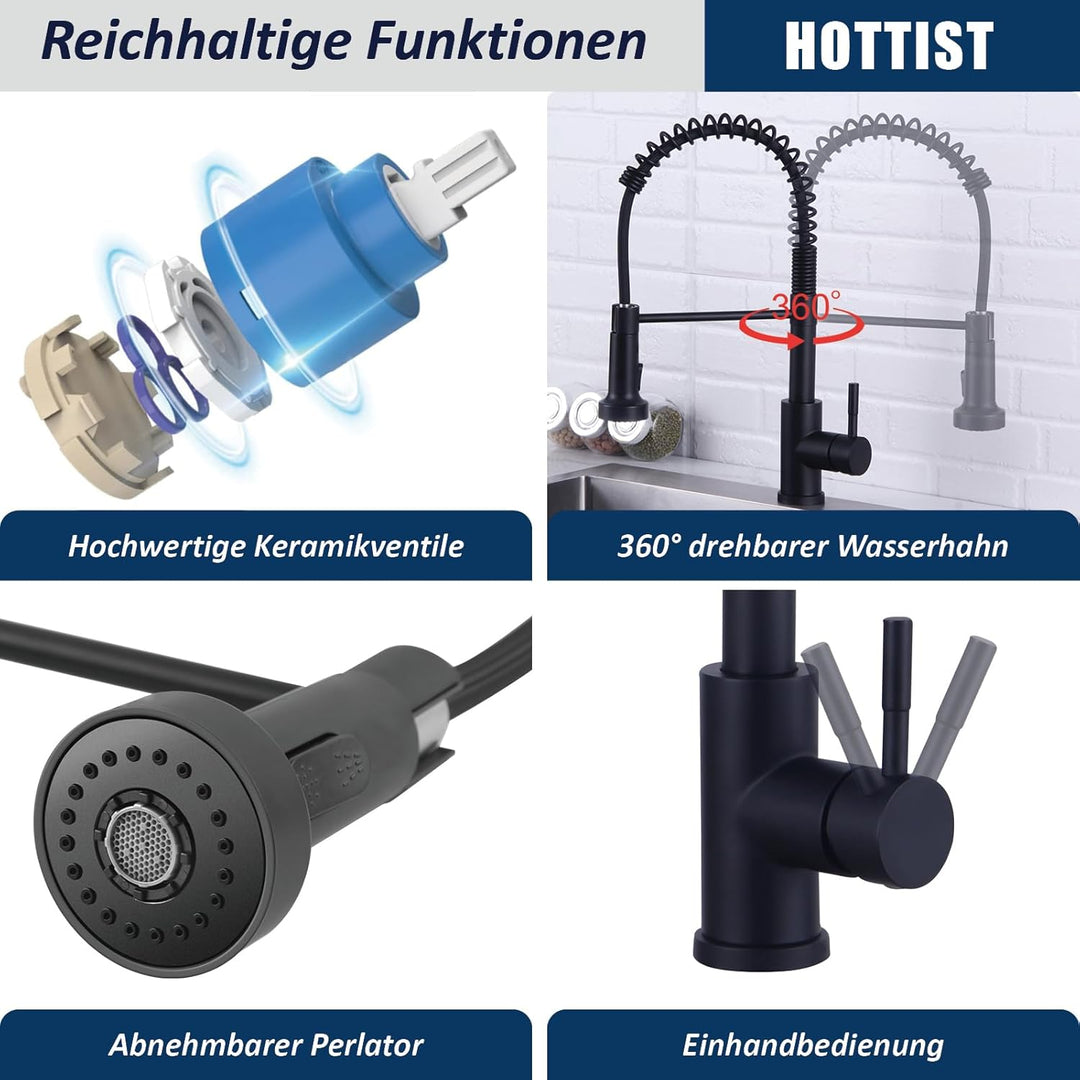 Wasserhahn Küche Schwarz, Hochdruck Küchenarmatur mit Brause Ausziehbar, Hoher Bogen Mischbatterie K