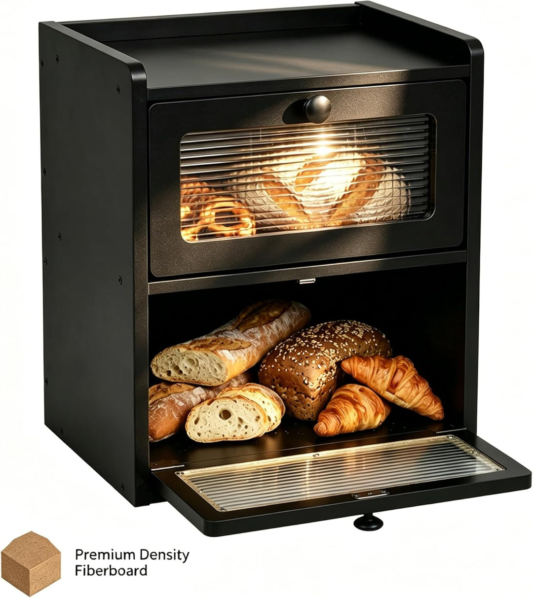Brotkasten Schwarz 2 Etagen Grosse Brotbox aus Premium Holzwerkstoff (Antimuffa) Moderne Brotaufbewa
