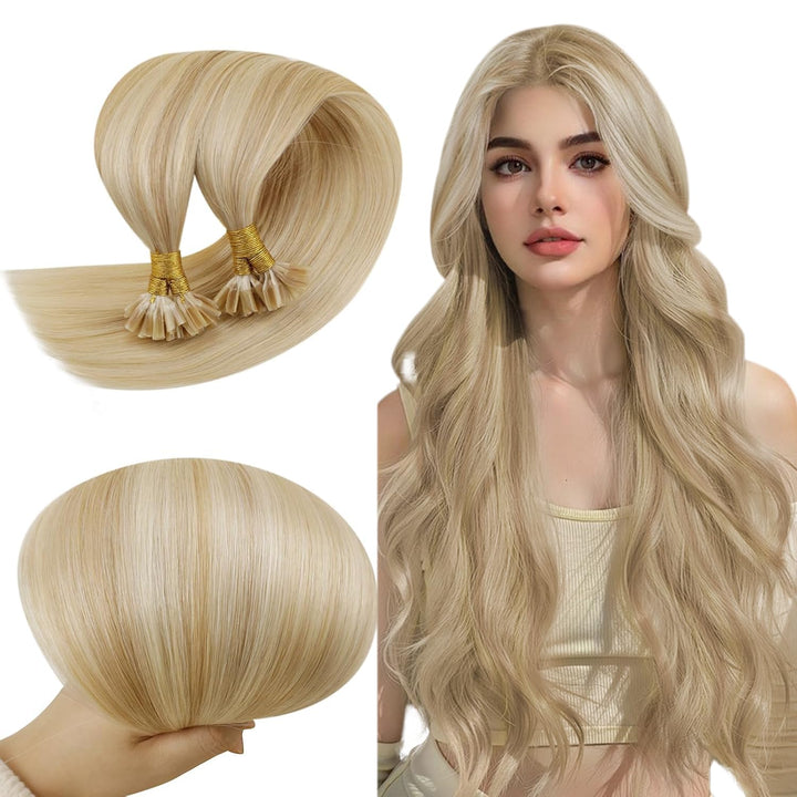 RUNATURE Blond Extensions Echthaar Bondings Highlight 40cm Glatt Keratin Bonding Extensions Echthaar