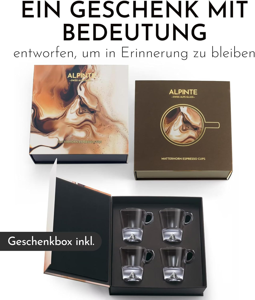Espressotassen Set 4x60ml mit Henkel, Handgemachte Espresso Gläser aus Borosilikat, Topographic Gläs