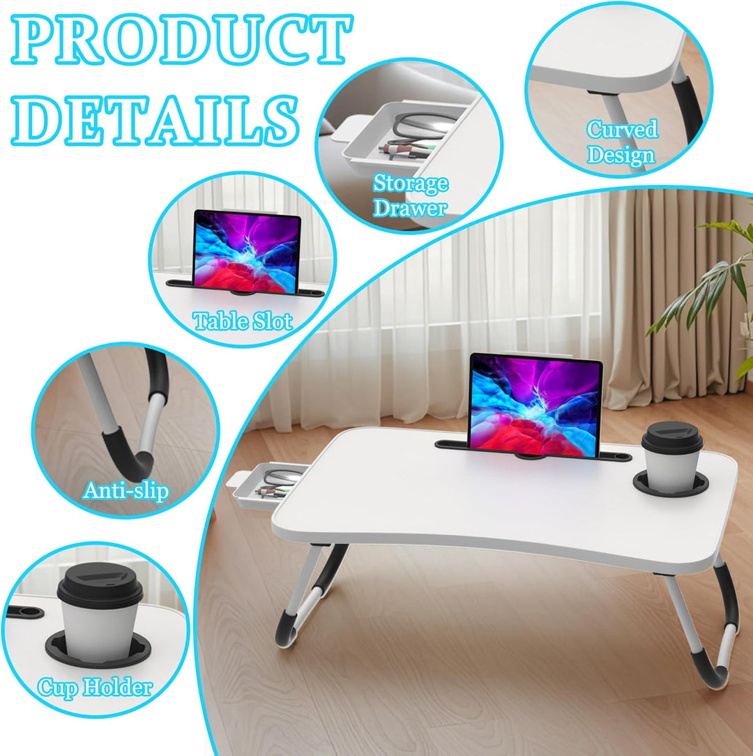 Soontrans Laptoptisch, 60 x 40 x 28 cm, Laptop Tisch mit Tablethalter, Schublade, Getränkehalter, Be