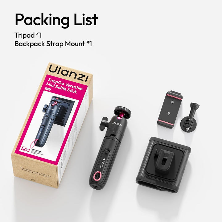 ULANZI MT55 SnapGo Mini Stativ & Selfie Stick, 4-in-1: Mantis/Rucksackgurt/Selfie/Stativ, 360° Kugel
