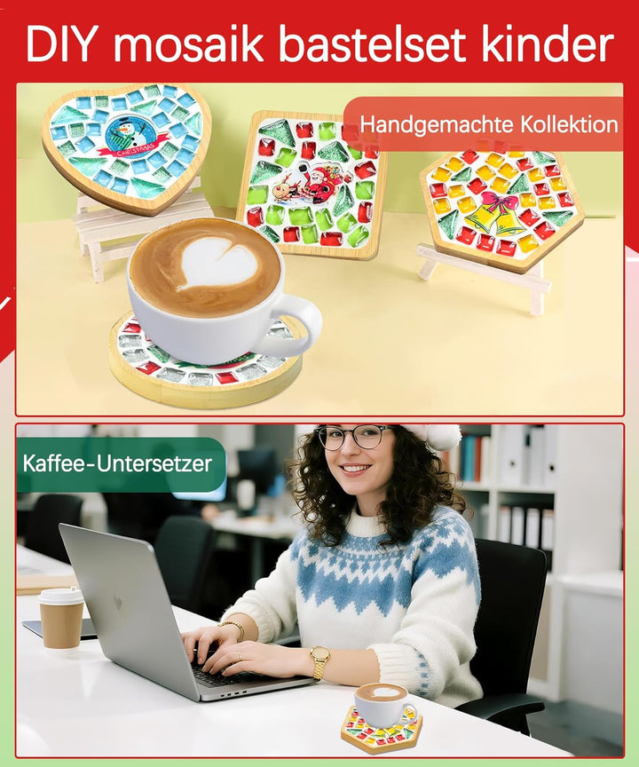 Finsink Mosaik bastelset kinder 4pcs Weihnachten Mosaik Untersetzer Bastelset DIY Holz Untersetzer S