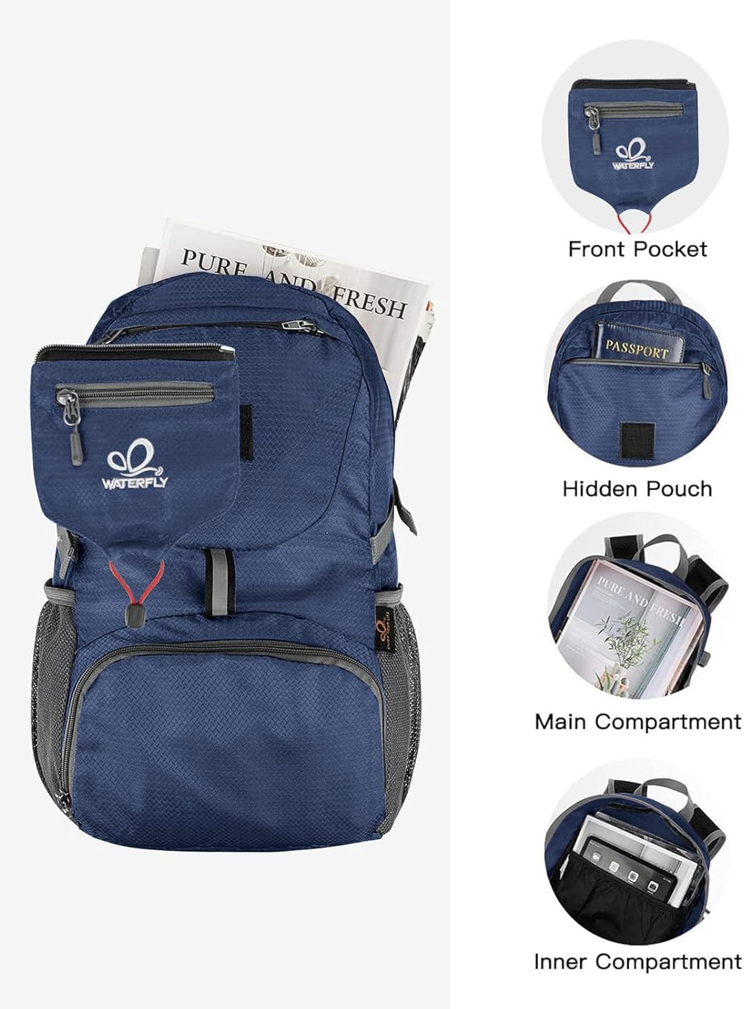 WATERFLY Ultraleicht Faltbar Klein Rucksack: 20L Leicht Packable Wanderrucksack Tagesrucksack Trekki