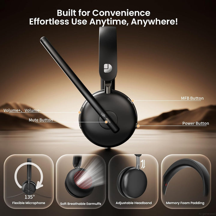 Kabelloses Headset mit Mikrofon für die Arbeit, Bluetooth 5.3 Headset mit Geräuschunterdrückung, kab