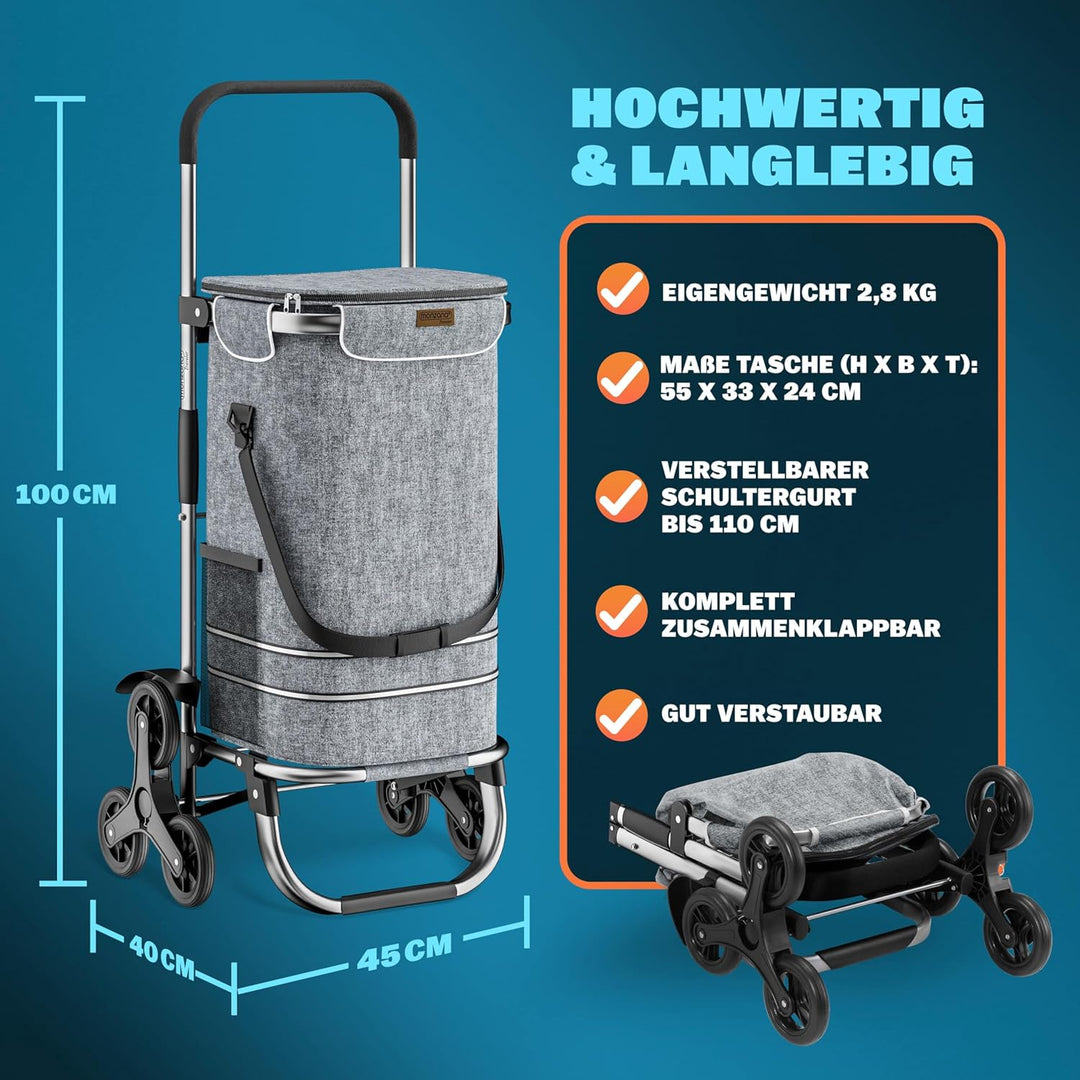 Monzana 2in1 Einkaufstrolley 38 L Klappbar Abnehmbare Tasche 6 Rollen Treppensteiger Einkaufswagen E