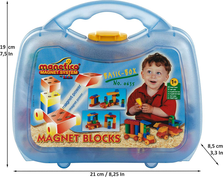 Theo Klein 635 Manetico Basic-Box, mittel | 25 Verschiedene Bunte Magnet-Bausteine | 6 Karten mit Ba