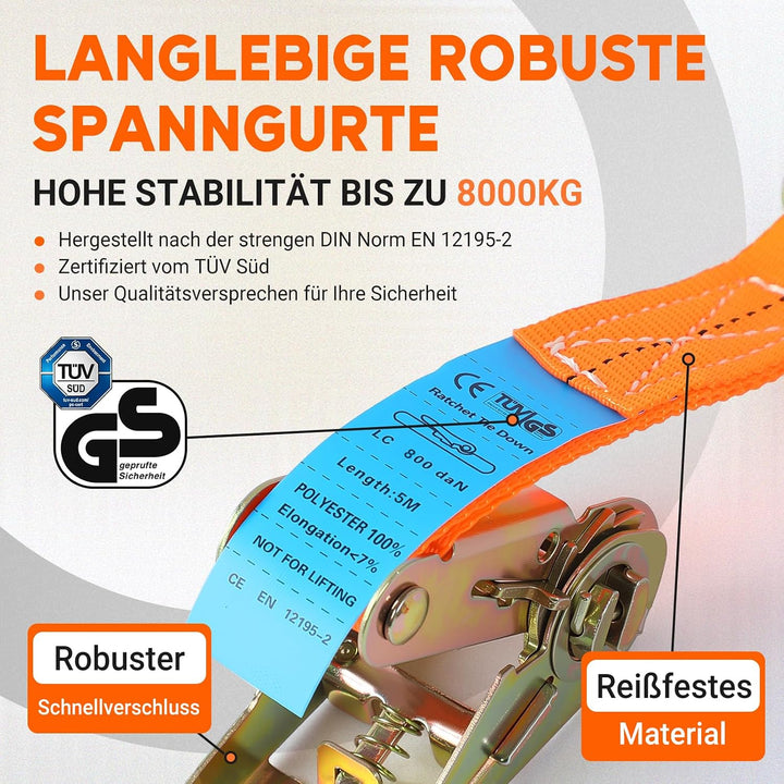 Spanngurte mit Ratsche 10 Stück 800 kg TÜV/GS Zertifiziert - 5m*25 mm 800 daN Zweiteilig Zurrgurte R