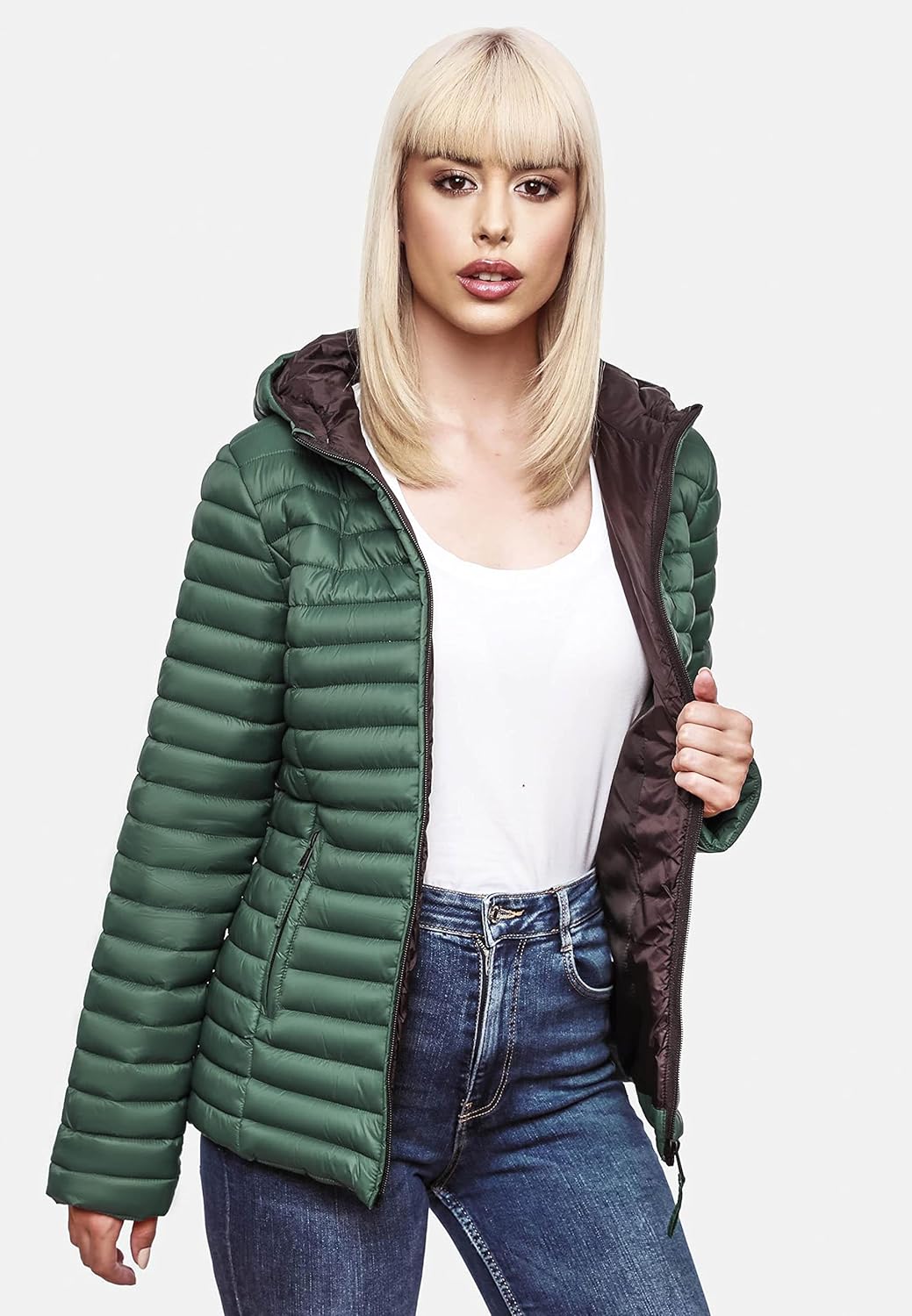 MARIKOO Damen leichte Übergangsjacke Steppjacke mit Kapuze Asraa XS-3XL, XS Dark Green