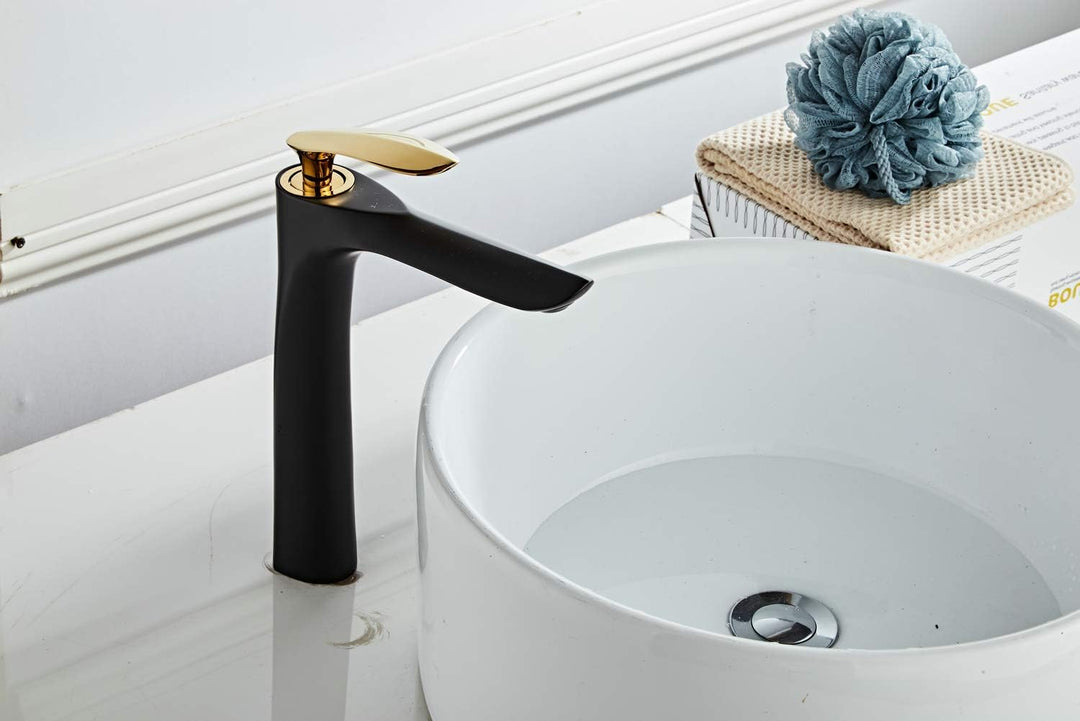 Bad Waschbecken Wasserhahn Hohe Körper Schwarz/Gold Chrom Einhand Einlochmontage Messing Leekayer,LK
