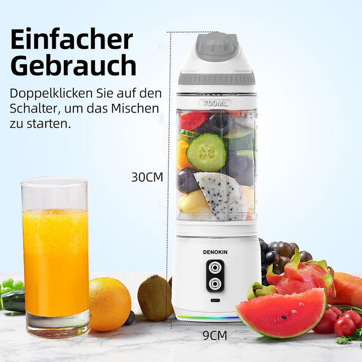 DENOKIN Tragbarer Mixer mit Trinkdeckel, 700ml, Mini Standmixer für Unterwegs, Wiederaufladbar mit U