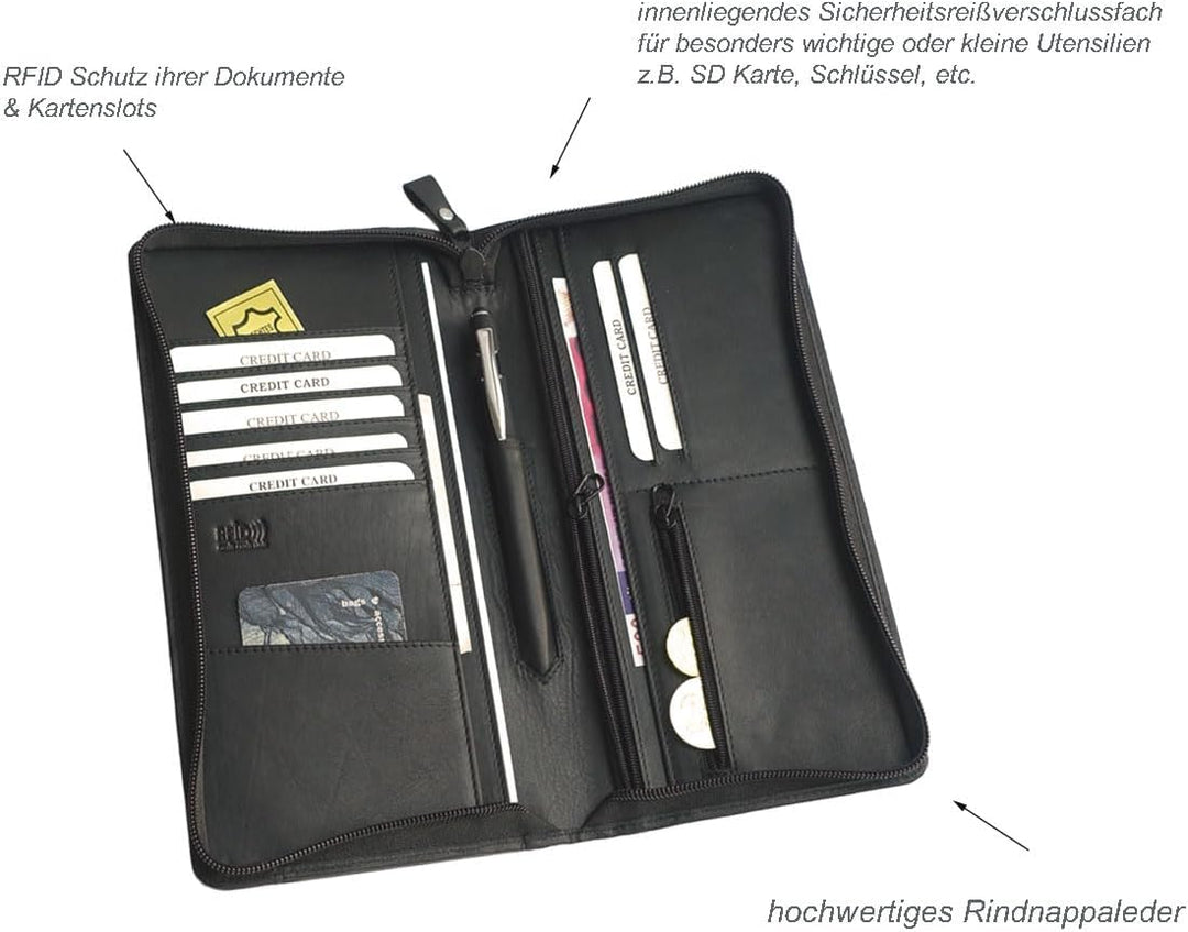 stilvoller Reise-Organizer Leder, Reisepass-Tasche Leder schwarz Reise-Passhülle, Reisemappe, Dokume
