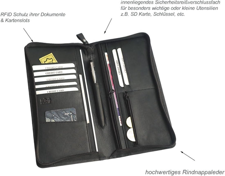 stilvoller Reise-Organizer Leder, Reisepass-Tasche Leder schwarz Reise-Passhülle, Reisemappe, Dokume