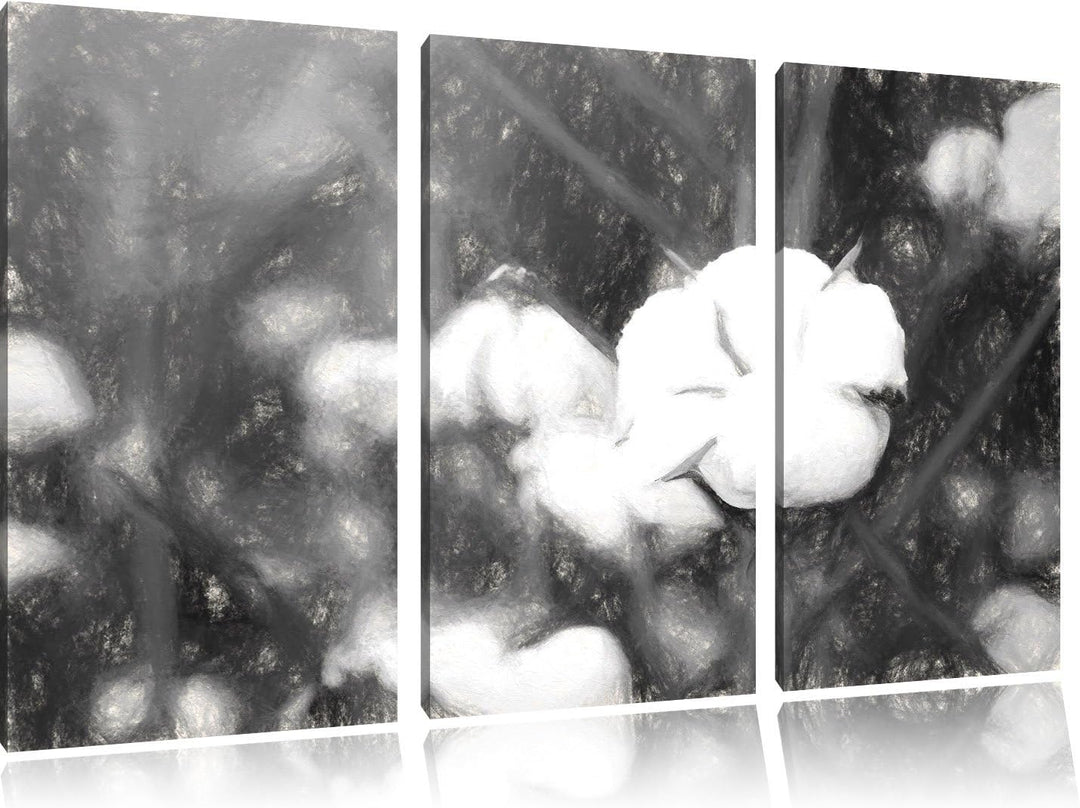 Pixxprint eine ausgereifte Knospe voller Baumwolle Kunst Kohle Effekt 3-Teiler Leinwandbild 120x80 B