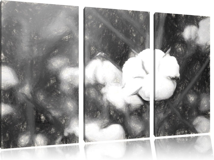 Pixxprint eine ausgereifte Knospe voller Baumwolle Kunst Kohle Effekt 3-Teiler Leinwandbild 120x80 B