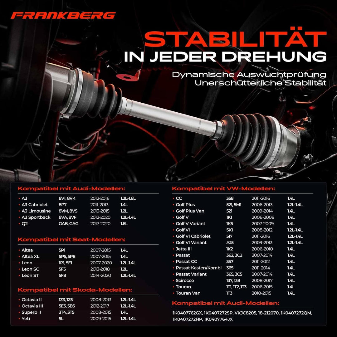 Frankberg Antriebswelle Vorne Rechts Kompatibel mit A3 8P1 1.2L 1.4L 2007-2012 A3 Sportback 8PA 1.2L