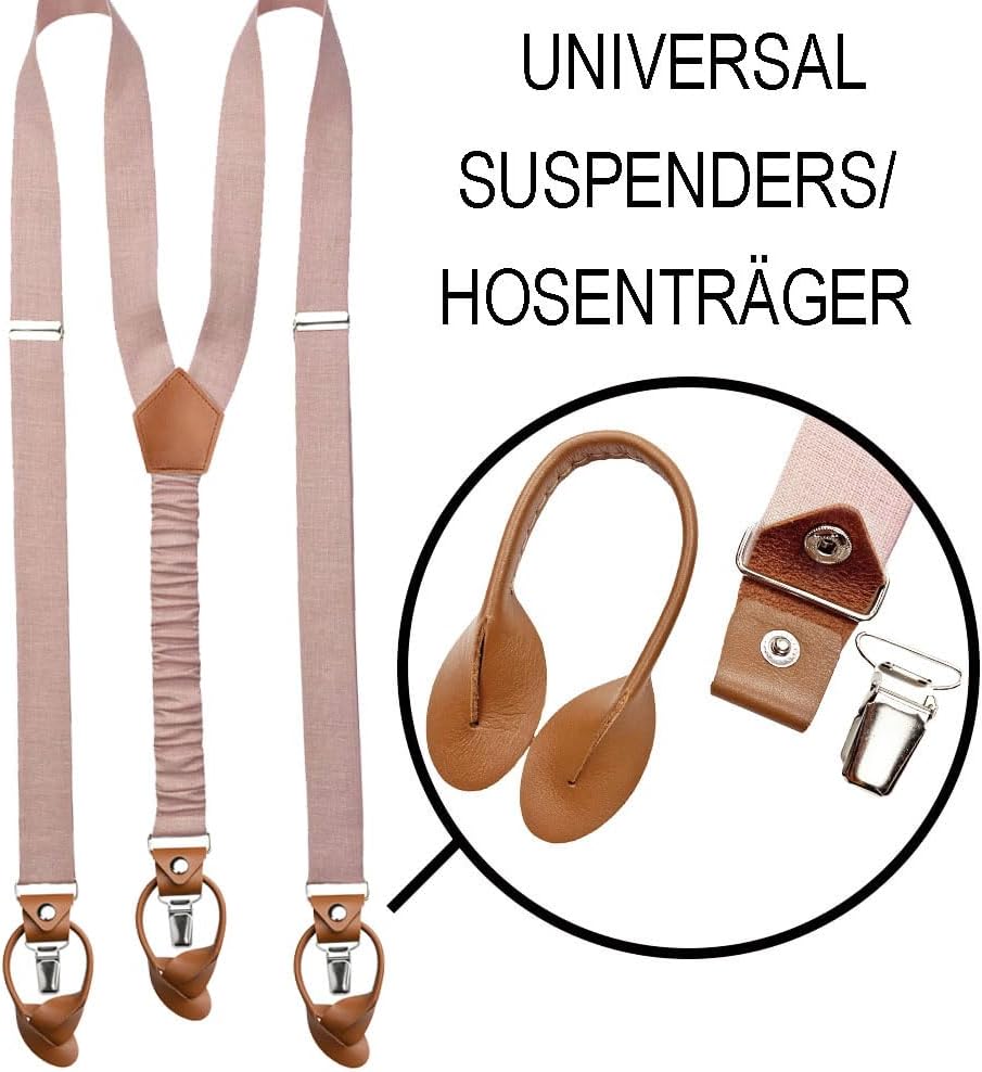 LINILI Leinen Accessoires SET: Fliege und Hosenträger für Herren- mit Leder- Fliege Bereits gebunden