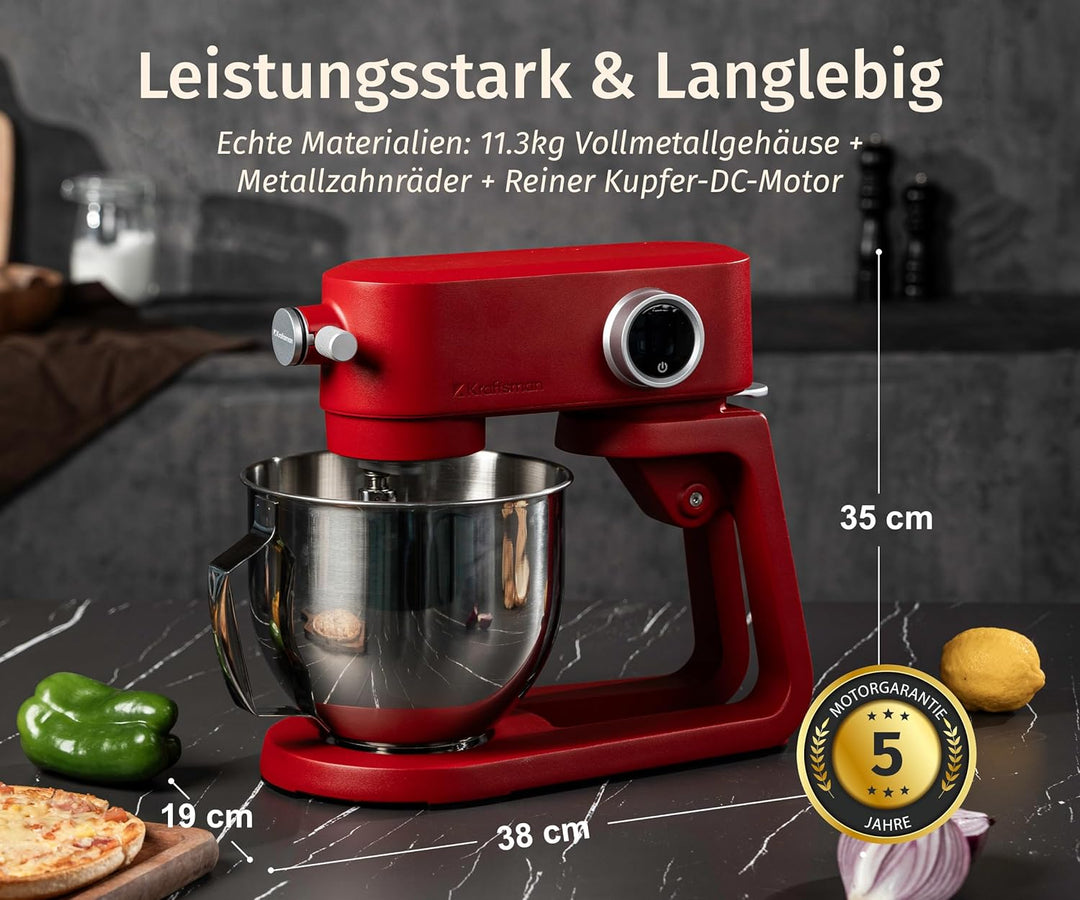 5L Vollmetall-Küchenmaschine,Pizzateig Knetmaschine,Teigmaschine mit leisem Kupfer-DC-Motor, 4 Edels