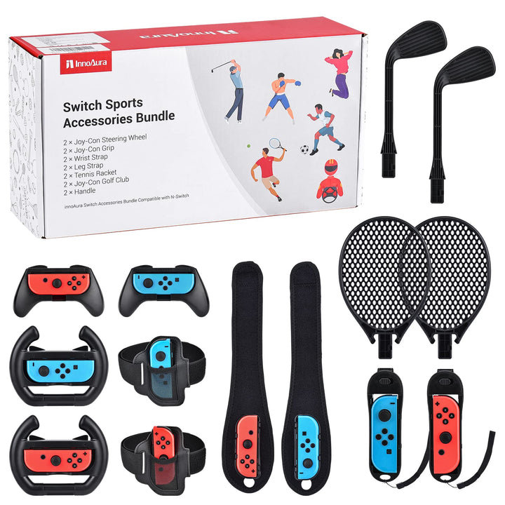 14 in 1 Switch Sport Zubehör Bündel, innoAura NS Bundle Lenkrad, Joycon Griff, Tennisschläger, Glof