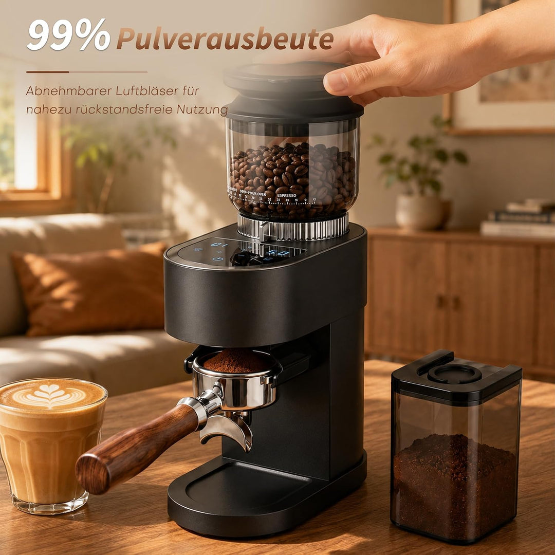 Elektrische Kaffeemühle, 60 Mahlgrade, 48 mm Kegelmahlwerk, Kaffeebohnenmühle mit Siebträgerhalterun