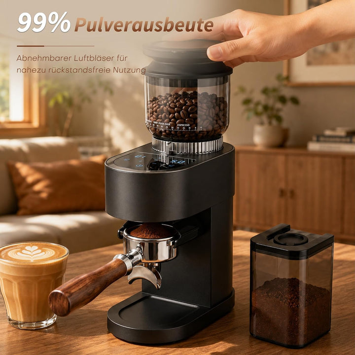 Elektrische Kaffeemühle, 60 Mahlgrade, 48 mm Kegelmahlwerk, Kaffeebohnenmühle mit Siebträgerhalterun