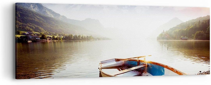 Panorama Bilder auf Leinwand Berge See Boot Leinwandbild mit Rahmen 90x30cm Wandbilder Dekoration Wo