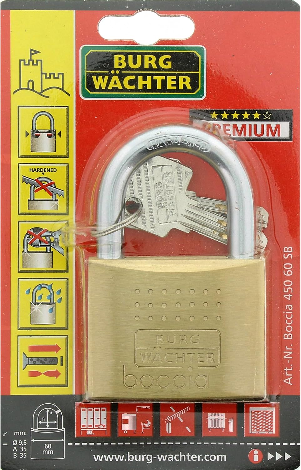 Burg-Wächter Vorhängeschloss, Boccia 450 60 SB, Inkl. 1 Schlüssel, Bügelstärke: 9,5 mm 60 mm, 60 mm
