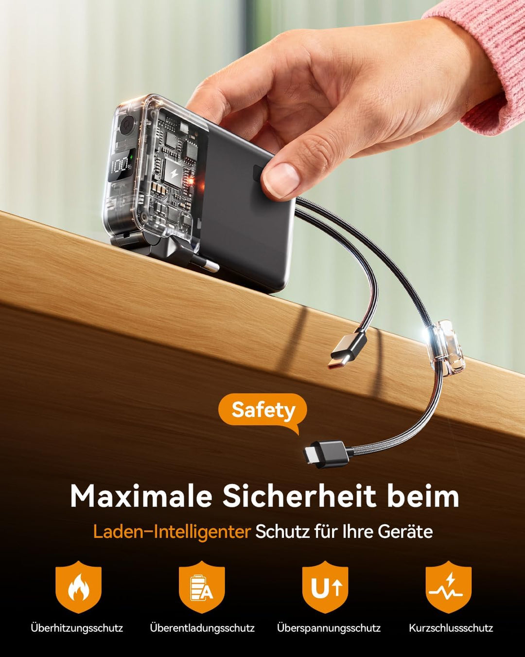 Power Bank 10000mAh, Powerbank für iPhone mit Integriertem Klappbaren EU-Stecker & Robuste USB-C & i
