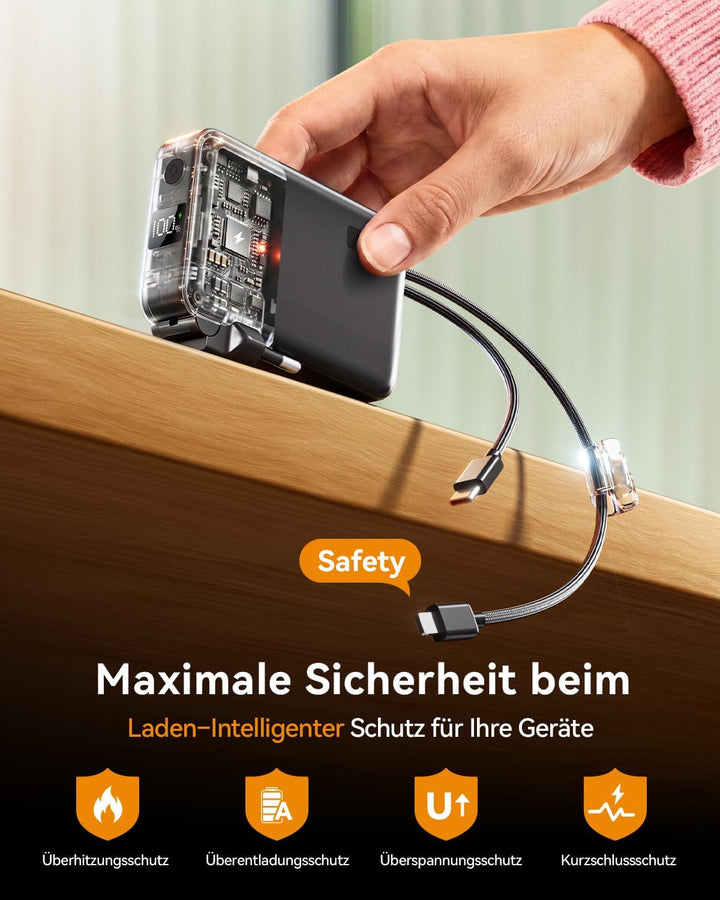 Power Bank 10000mAh, Powerbank für iPhone mit Integriertem Klappbaren EU-Stecker & Robuste USB-C & i