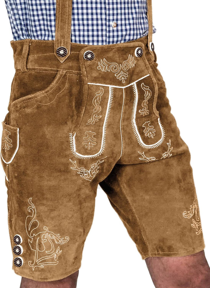 Bayerische Herren Trachten Lederhose kurz, Elegante Trachtenlederhose mit Trägern, original in Dunke