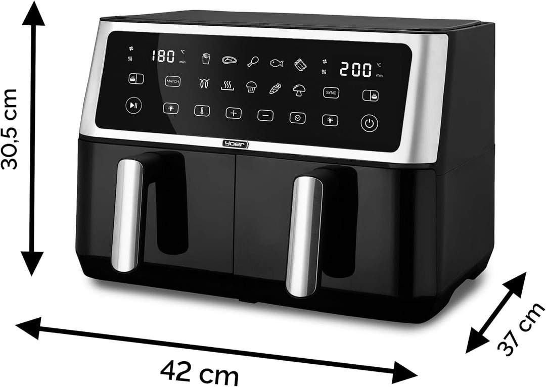 Yoer Heissluftfritteuse, 10L Airfryer, 2 Fächer, 6-in-1, 10 automatische Programme, Spülmaschinenfes